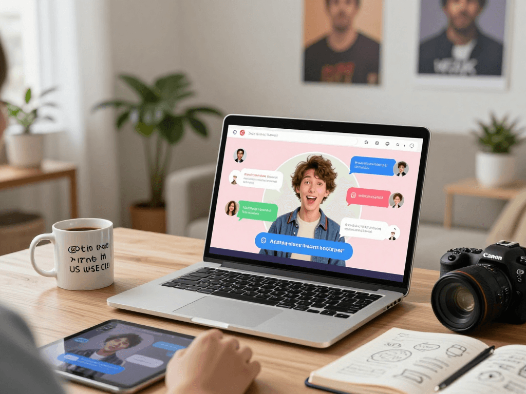 User engaging in AI porn chat on a modern laptop in a cozy home setting, with animated chat interface shown on screen.
