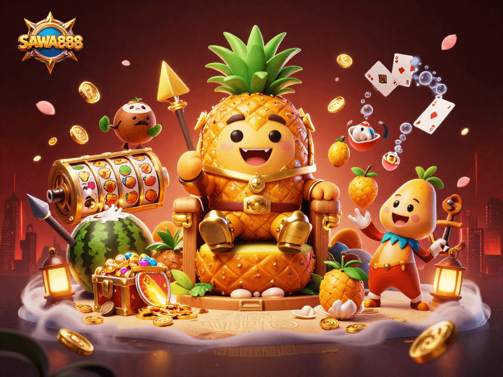 Engage with SAWA888’s vibrant slot games featuring golden pineapple king, dynamic characters, and rich gambling elements.