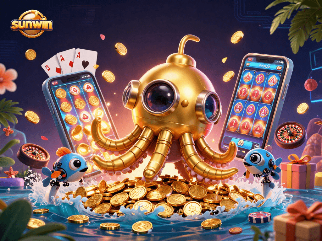 Experience thrilling wins with sunwin's dynamic casino adventure scene featuring a golden kraken.