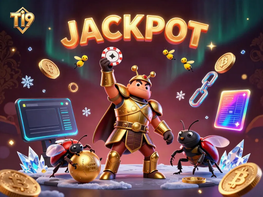 Experience T19's thrilling victory with the heroic beetle lifting a poker chip and golden coins scattered around.