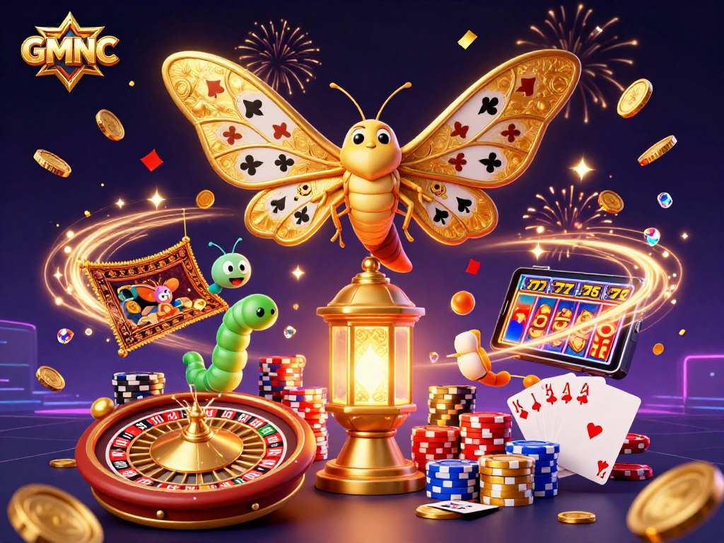 Experience GMNC's vibrant casino atmosphere with stunning golden elements and captivating characters.