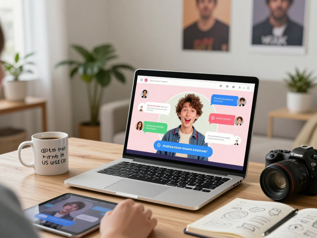 User engaging in AI porn chat on a modern laptop in a cozy home setting, with animated chat interface shown on screen.