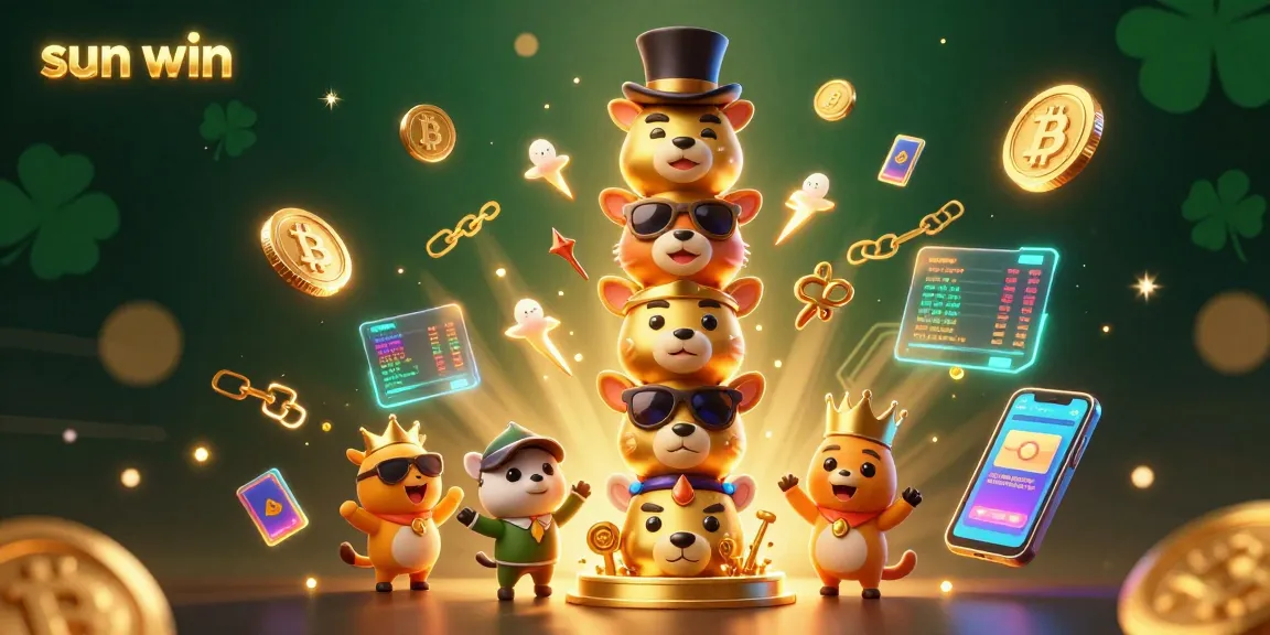 Spin to win with sun win's vibrant 3D casino gaming illustration filled with dazzling crypto elements.