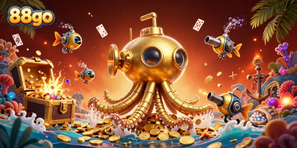 Experience thrilling wins with 88go as the golden kraken surfaces through a treasure-filled underwater casino.