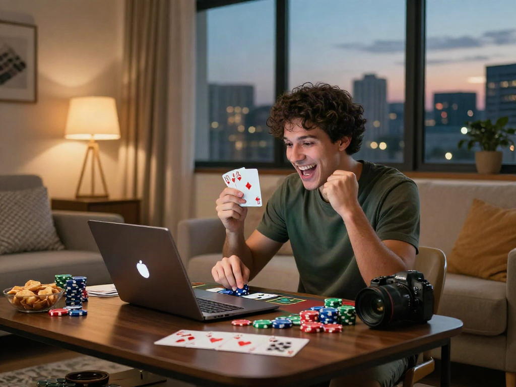 Excited player enjoying games at home with amex casinos.