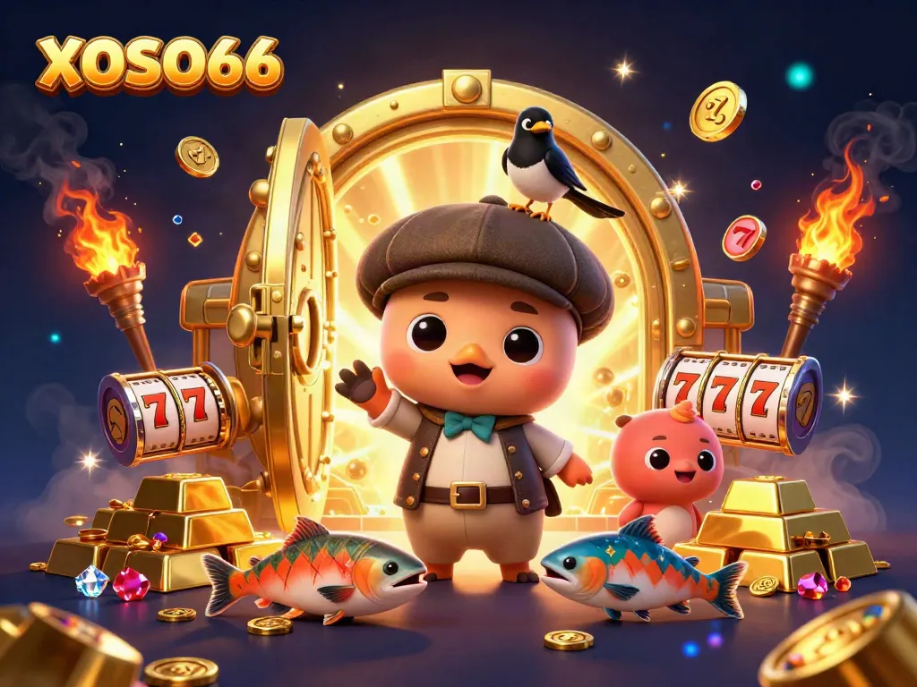 Experience the thrill of XOSO66 gaming with playful Nessie and treasures in a vibrant 3D scene.