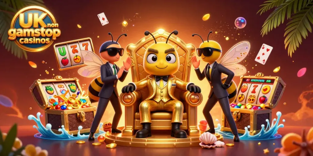 Engaging bumblebee mob boss presiding over UK non gamstop casinos with golden treasures and slot symbols.