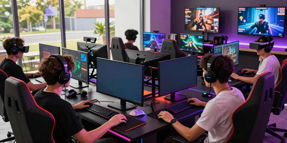 Online gaming experience on debet.com with players engaged in interactive games, showcasing modern equipment and vibrant environment.