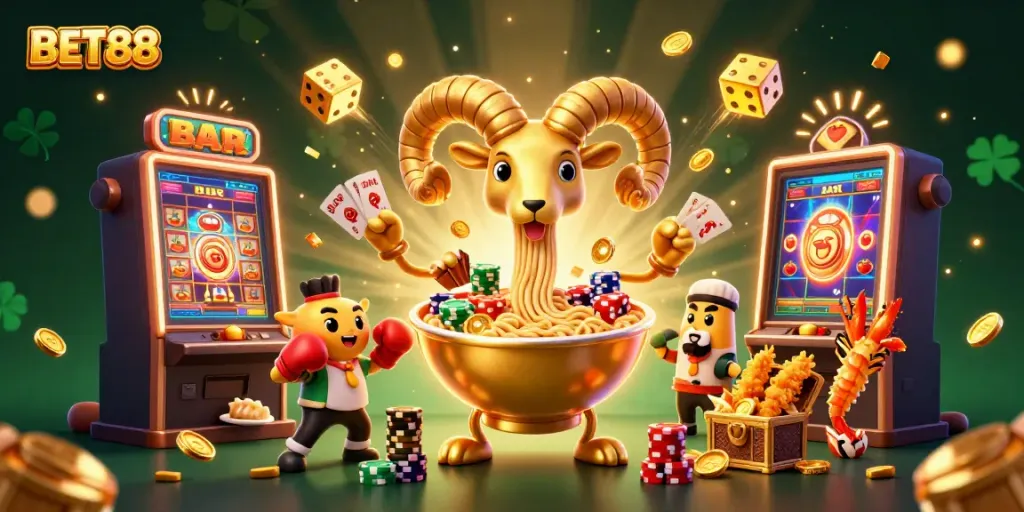 Experience the thrill of winning at BET88 with a lively casino-inspired scene featuring unique cartoon characters.
