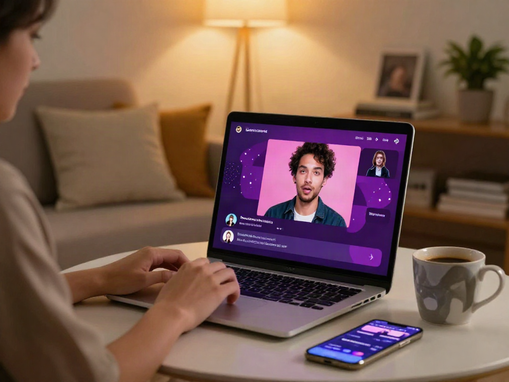 Engaging ai porn chat scene with user interacting with AI avatar on a laptop in a cozy space