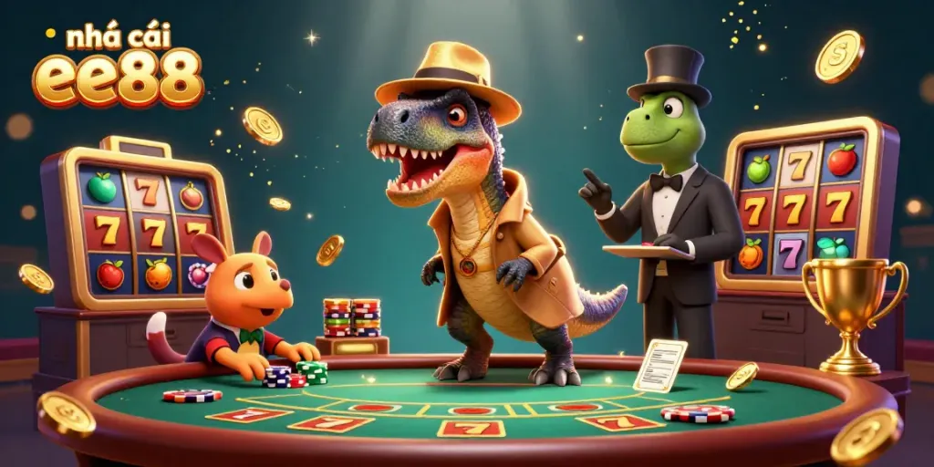 Experience the thrilling world of nhà cái ee88 with vibrant characters at a busy casino scene.