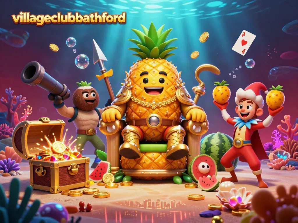 Engage in the enchanting scene of the villageclubbathford casino with a golden pineapple king and dynamic beach elements.