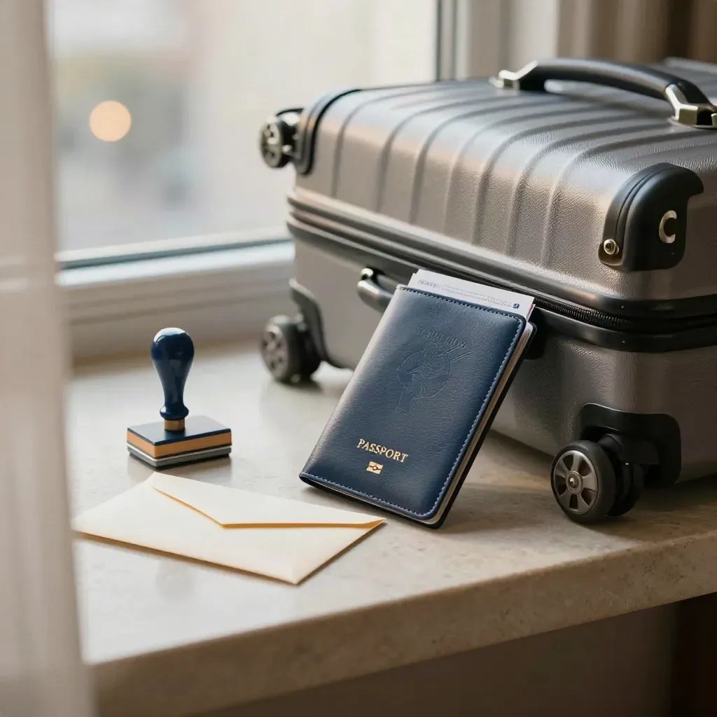 Visa documents, stamp pad, envelope and packed suitcase by a hotel window