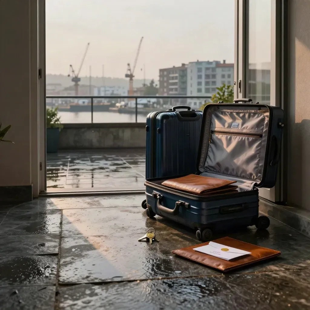 Rainy dawn relocation scene with suitcases, keys, folio, and harbour-view doorway.