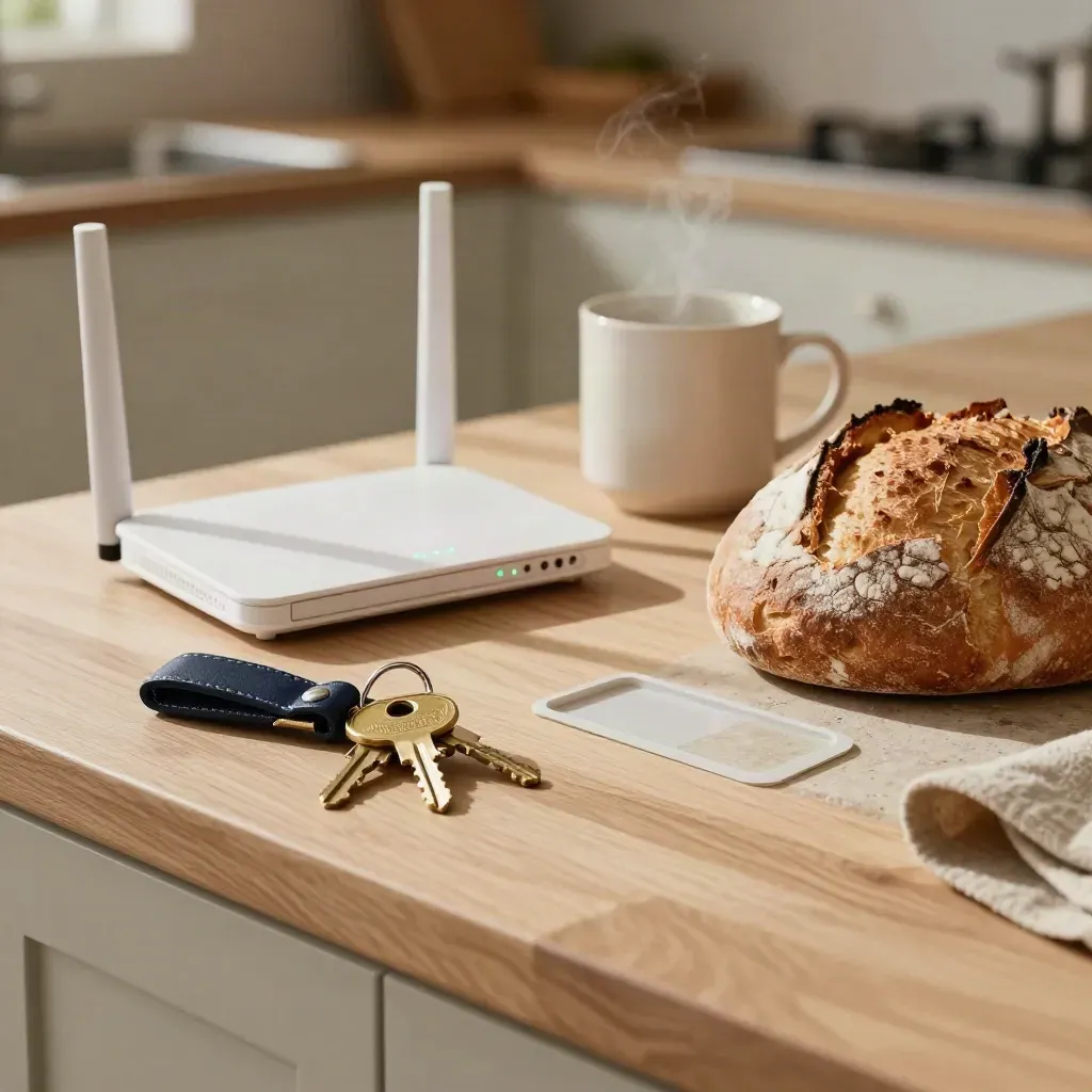 Keys, router, SIM tray, mug, and sourdough on a warm kitchen counter.