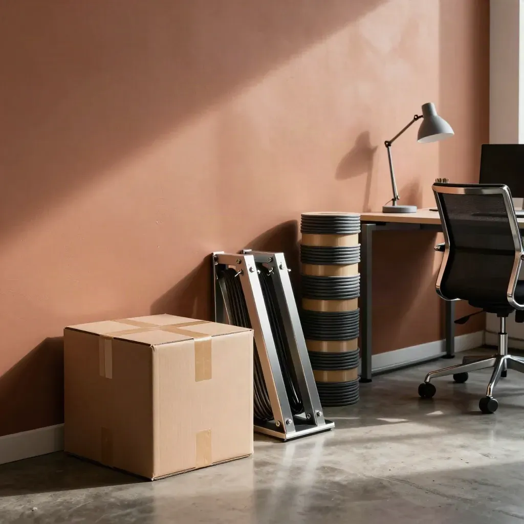 Stacked desk lamps, moving crates, cables and monitor arms in a new office launch corner.