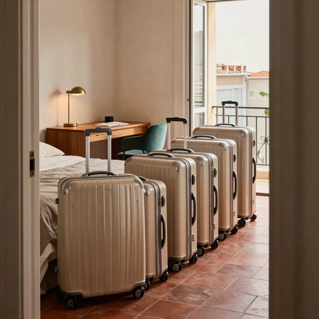 Lisbon apartment ready with suitcases, made beds, lit desks and terrace light.
