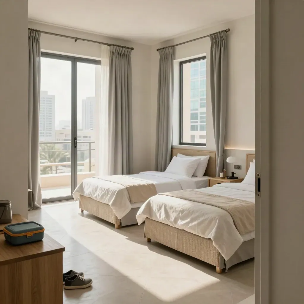 Bright Dubai apartment with made twin beds, school shoes, lunchboxes, and fresh curtains.