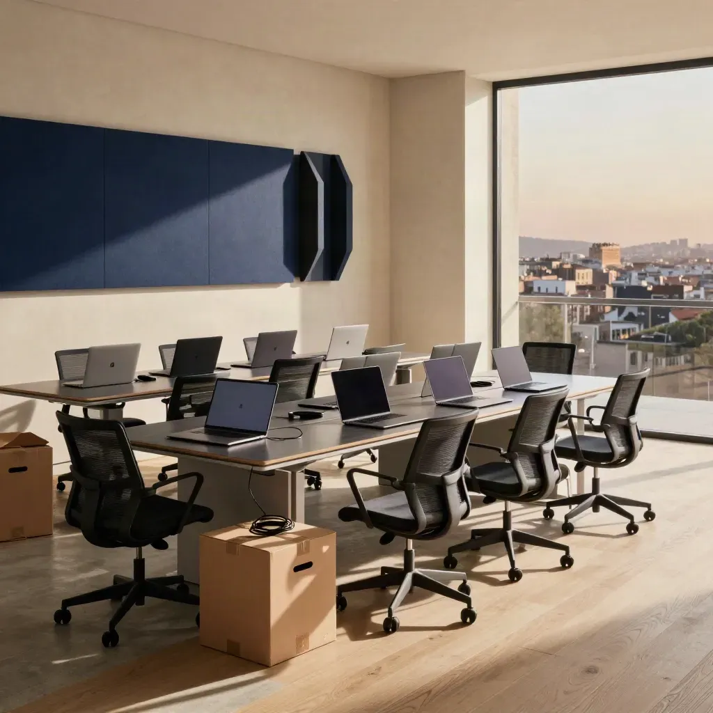 Empty Barcelona office suite reset for a remote team handoff, laptops docked and crates stacked at dusk.