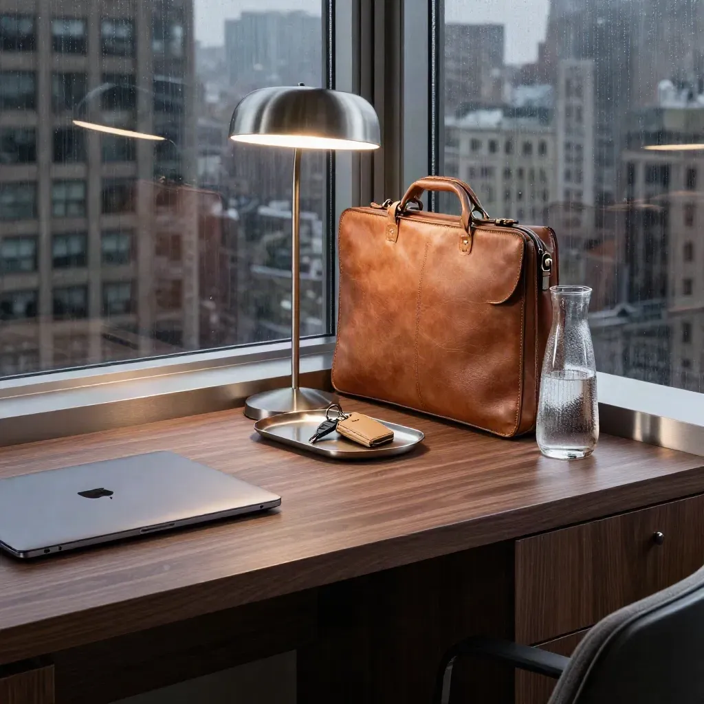 Closed laptop, briefcase, room key and carafe by a city window in a ready apartment.
