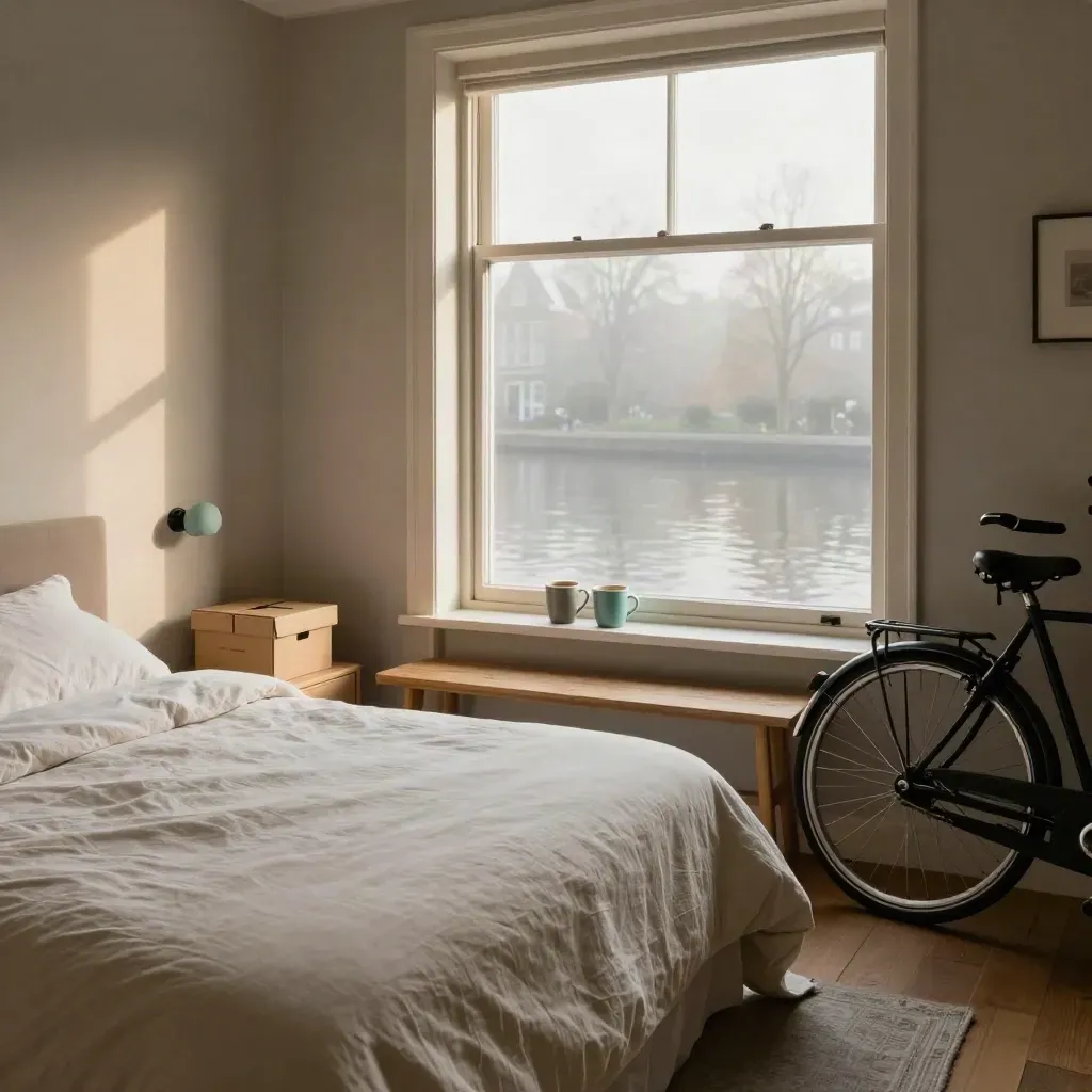 Settled Amsterdam apartment with made bed, mugs, bike wheel, and canal mist.