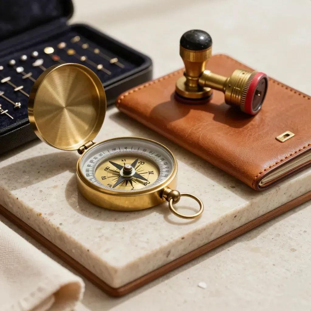 Macro still life of relocation tools: compass, passport cover, pin tray, and stamp on travertine.