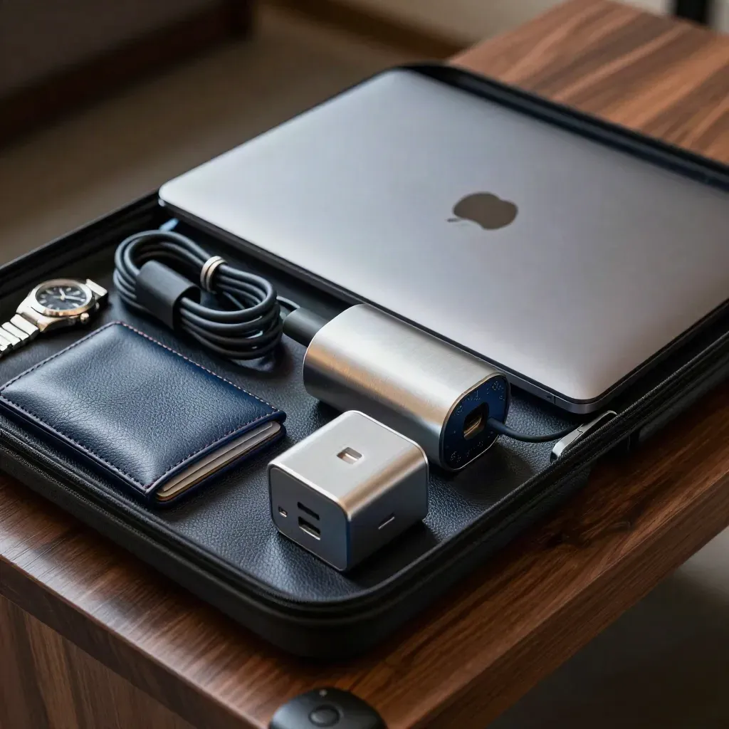 Closed laptop, charger, transit sleeve and watch on a walnut luggage bench in dramatic low light.