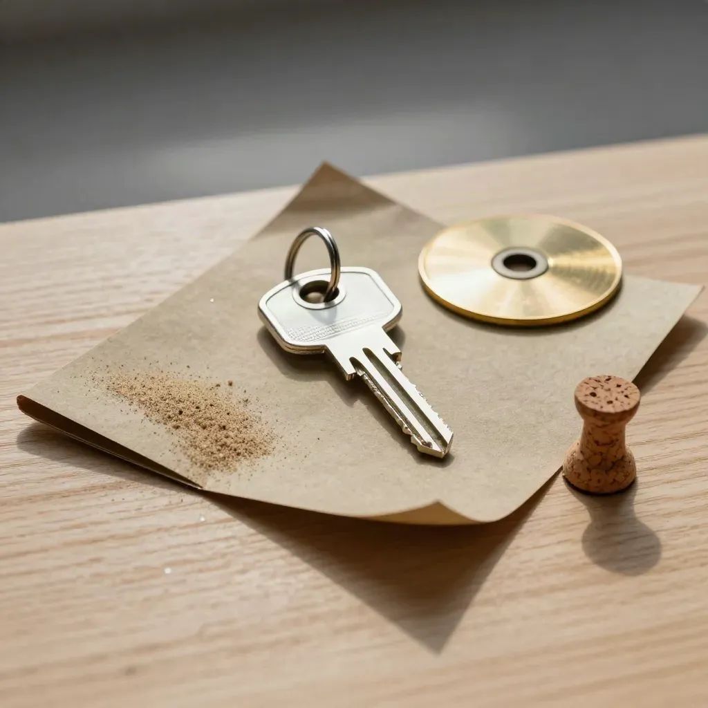 Top-down still life of hotel key, folded city tabs, brass edge, and cork pin fragment on pale oak.