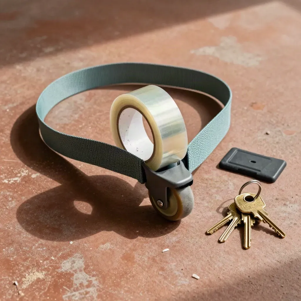Top-down move support kit: trolley wheel, tape roll, suitcase strap, wedge and keys on terracotta concrete.