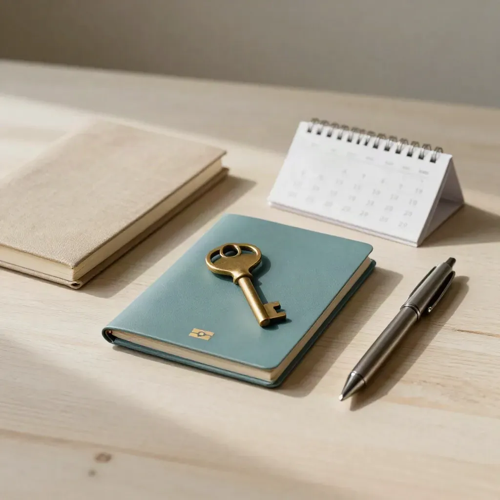 Overhead flatlay of move-planning items on pale wood with brass key and passport cover.