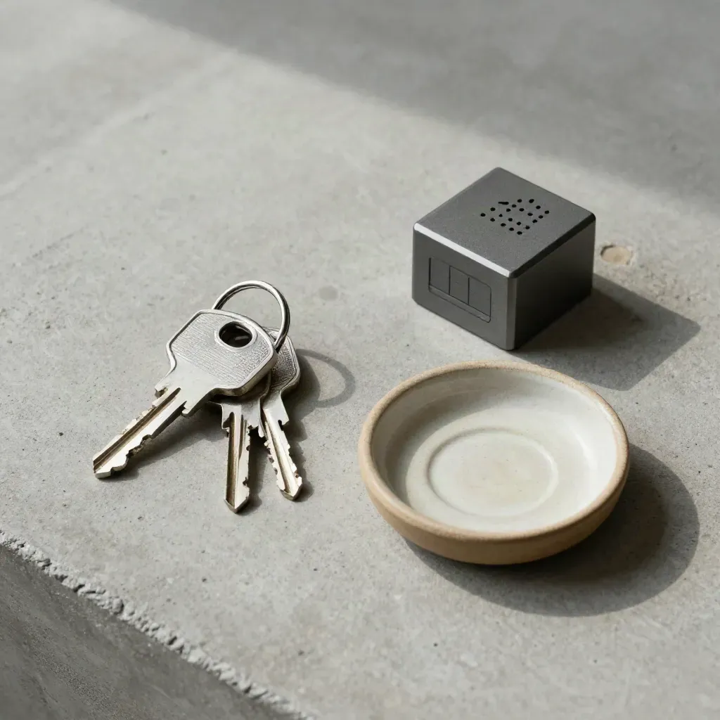 Overhead flatlay of house keys, SIM tray, router cube, mail key and ceramic dish on concrete.
