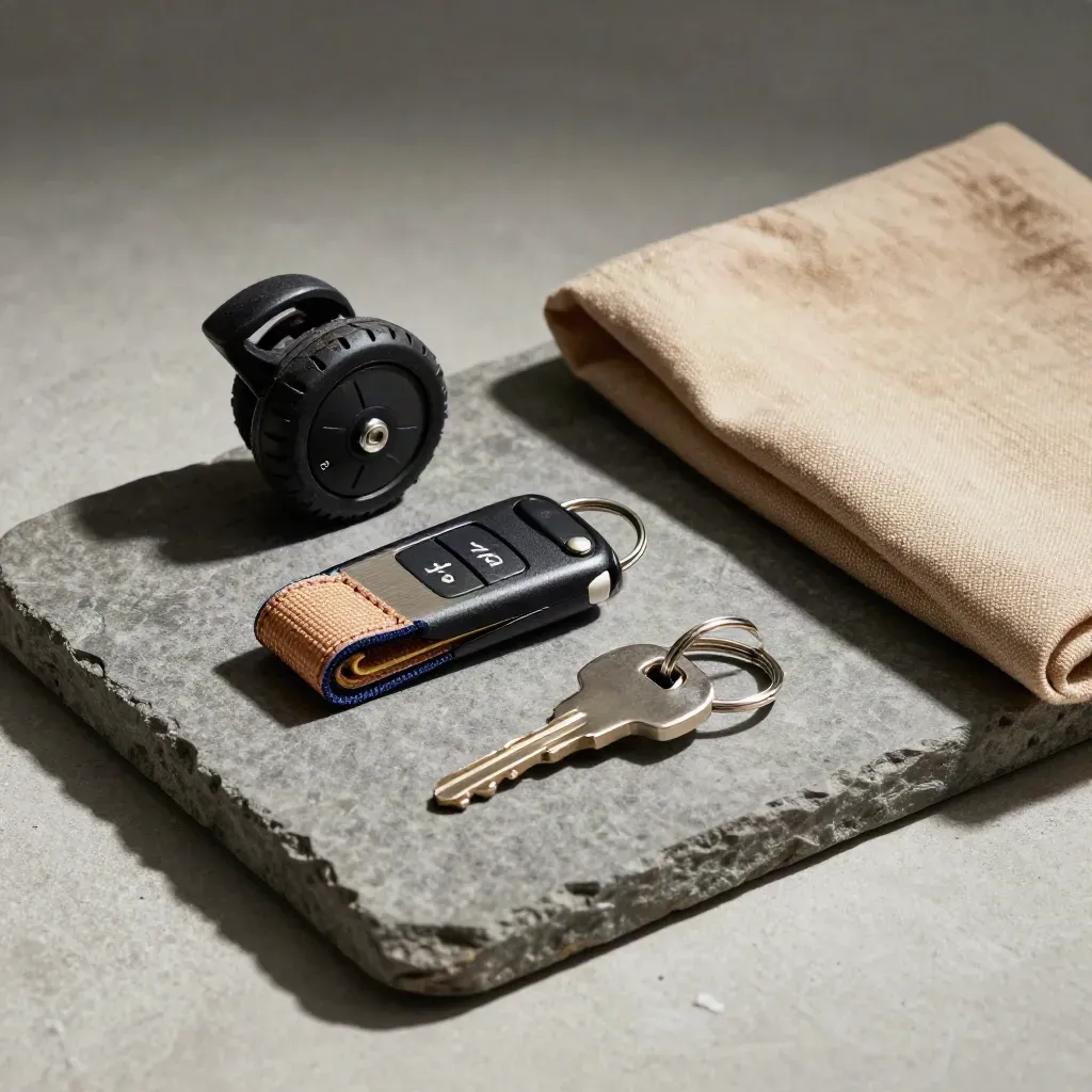 Stone tray still life with luggage wheel, car key fob, strap and hotel key ring.