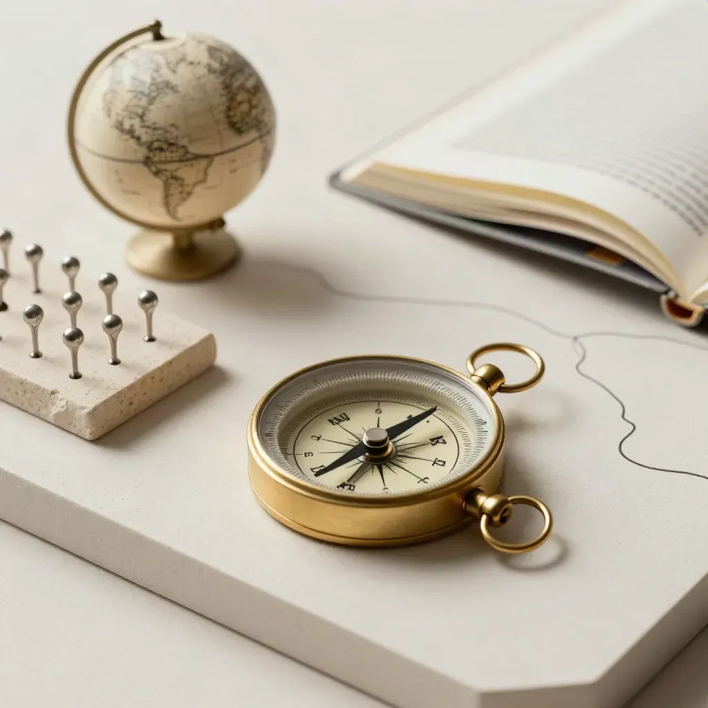 Brass compass, small globe, pin tray and tabbed folio on a plaster sweep in soft side light.