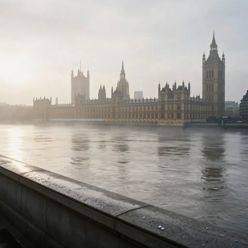 Westminster skyline in dawn mist above the Thames, wet embankment and calm silver water below