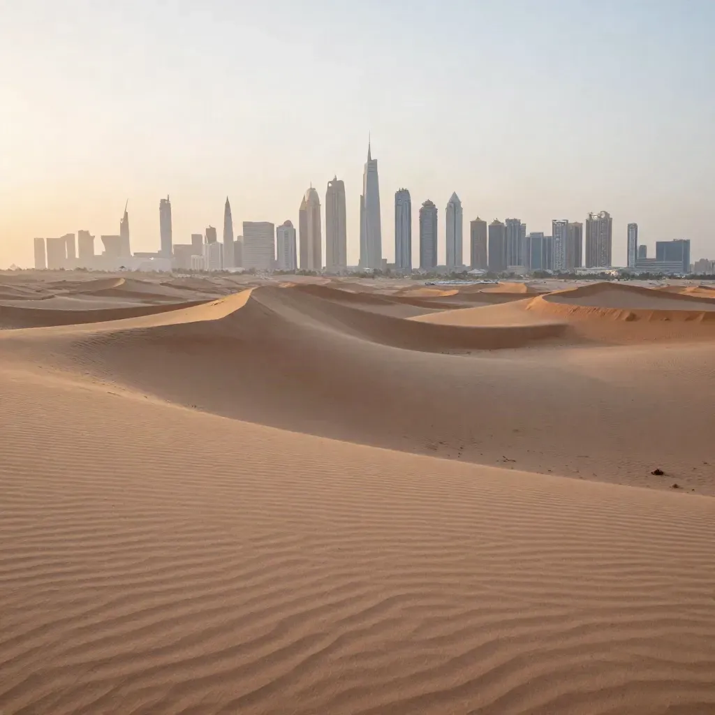 Dubai skyline rising above rippled desert dunes at sunrise, hazy horizon and calm sand foreground.