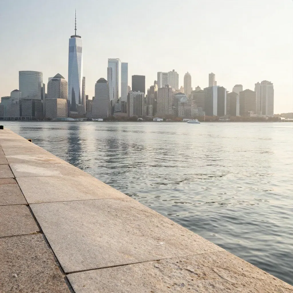 Pale stone waterfront foreground with a hazy North American harbour skyline and calm water.