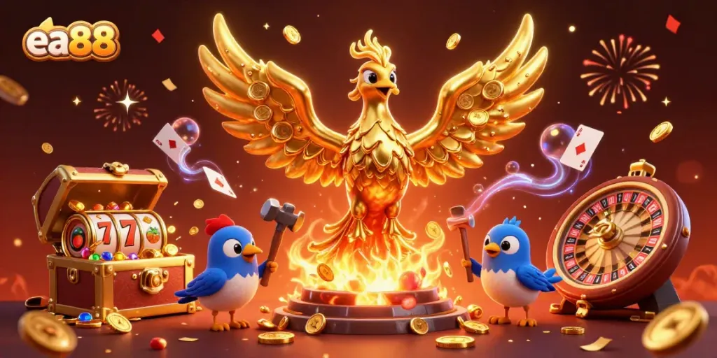 Experience the excitement of ea88 with vibrant casino elements and a mythical phoenix emerging from a forge.