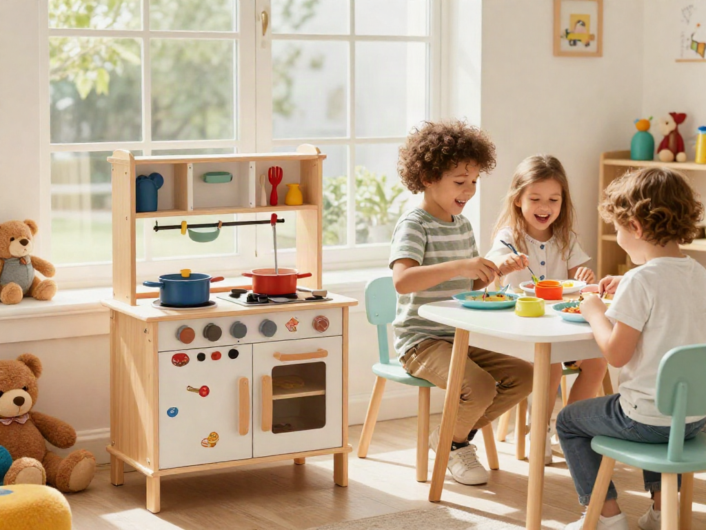 Kids joyfully engaging with a play kitchen in a bright playroom, using colourful utensils and toy dishes.
