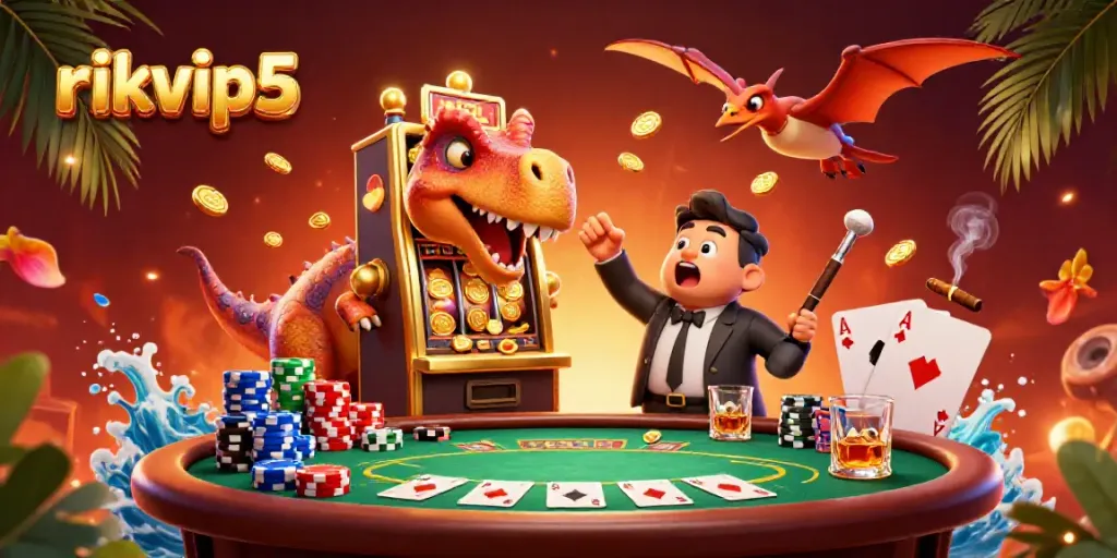 Experience the excitement of rikvip5 as a dinosaur wins jackpots with casino-themed visuals.
