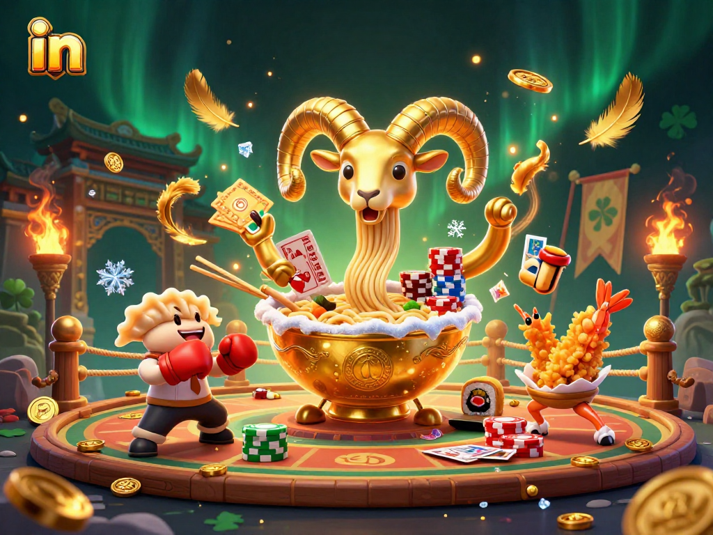 Engage in thrilling casino action with a golden ramen bowl dealer stacking chips and cards in a vibrant scene.