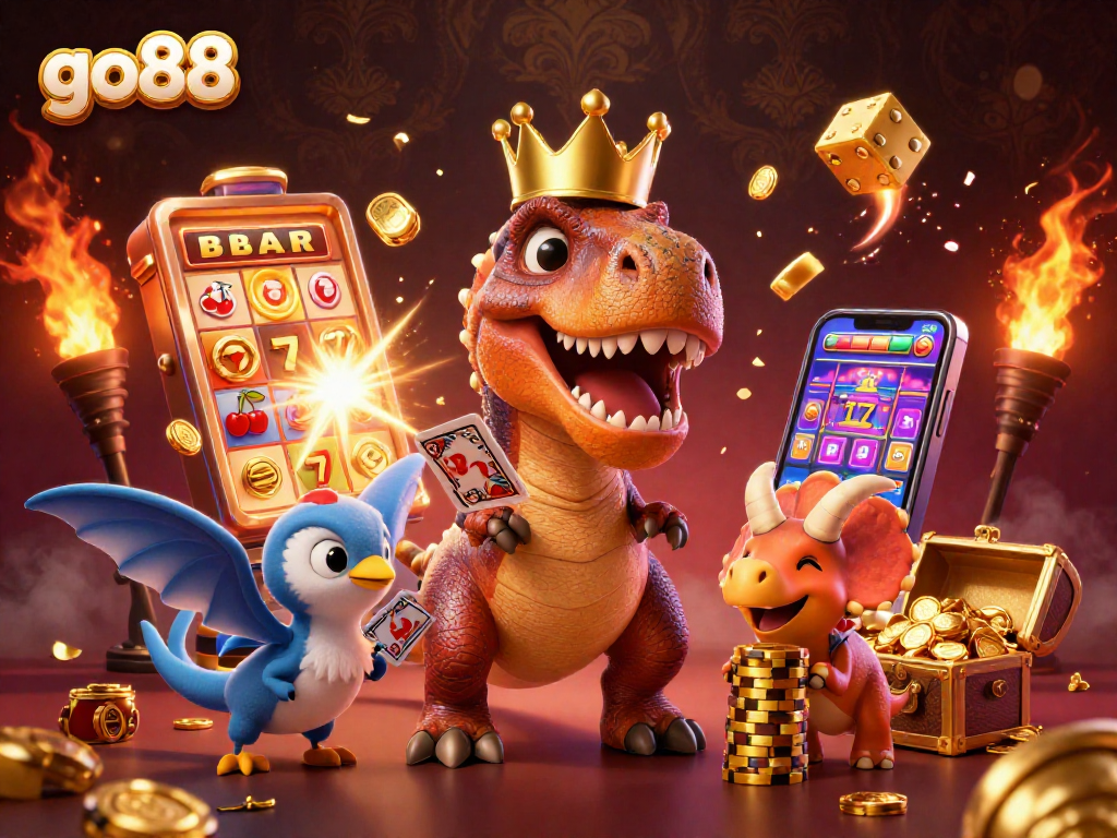 Experience the excitement of go88 with a T-Rex shuffling cards amidst a golden jackpot explosion!