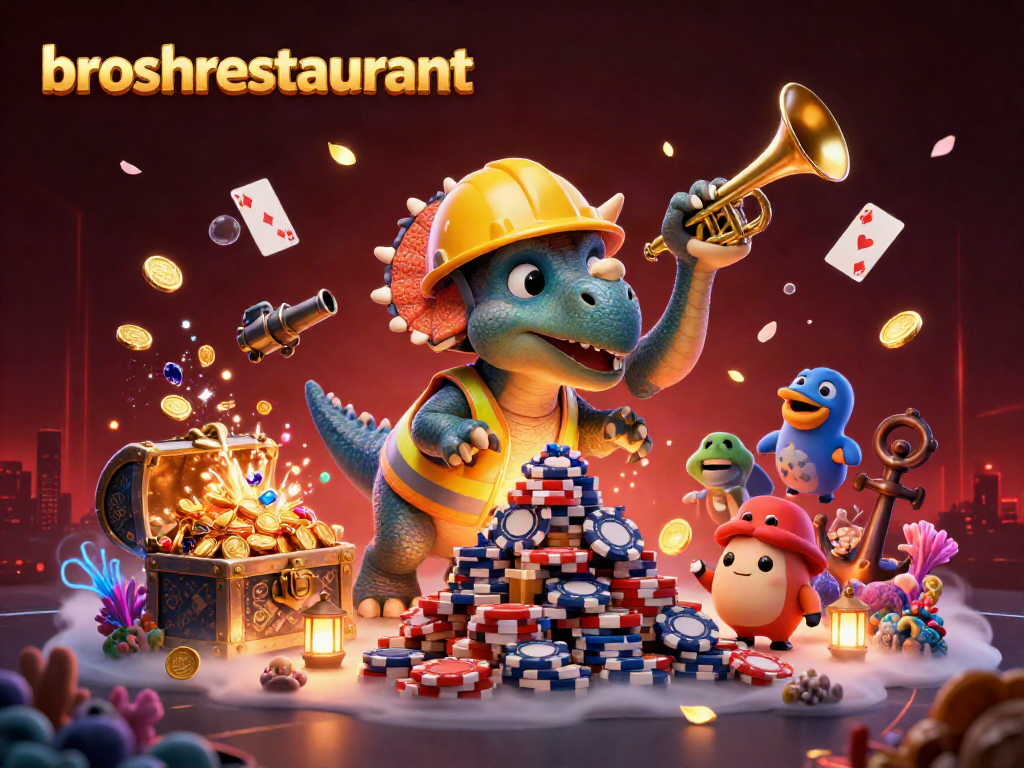 Broshrestaurant showcases a lively casino scene with animated dinosaurs cheerfully engaging in gambling fun.
