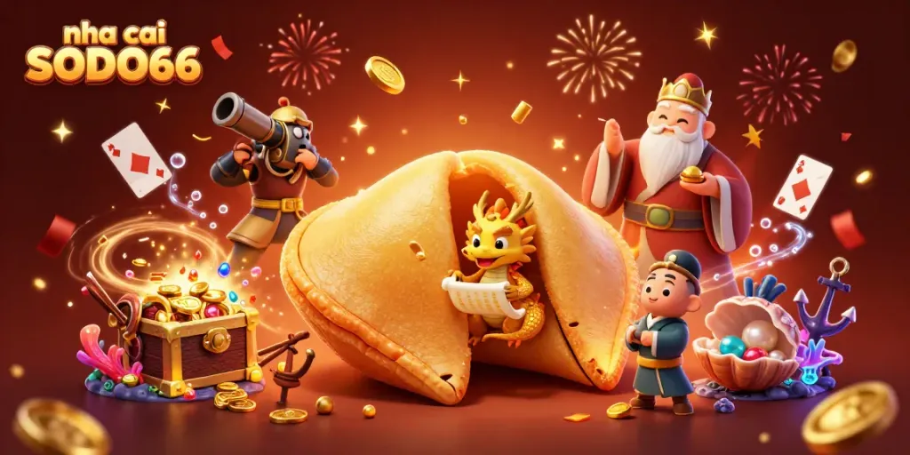 Illustration showcasing nha cai SODO66 with a golden fortune cookie and fantasy characters celebrating with confetti.