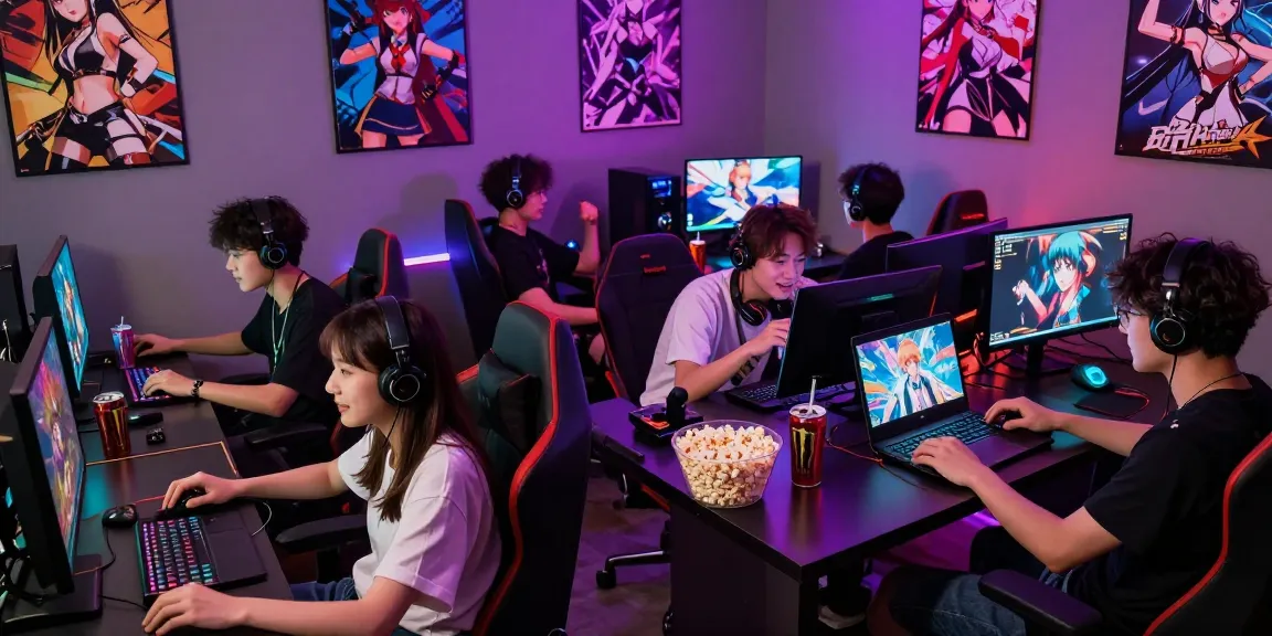 Players enjoying ecchi games in a colorful gaming lounge with modern decor.