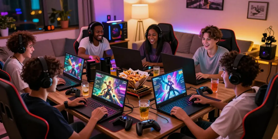 Friends enjoying a multiplayer hentai game in a vibrant gaming environment with colorful LED lights.