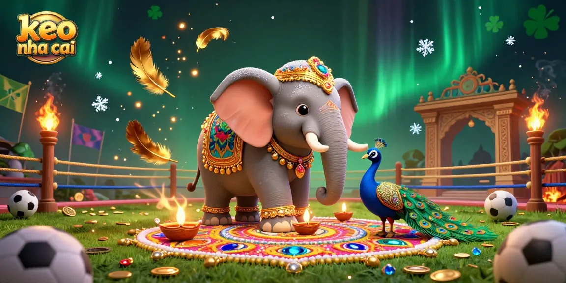 Bettors explore keo nha cai sports betting with vibrant elements, gold coins, and a colorful elephant.
