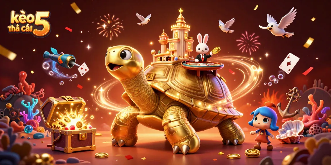 Experience the excitement of kèo nhà cái 5 with vibrant casino visuals featuring golden tortoise and rabbit dealer.