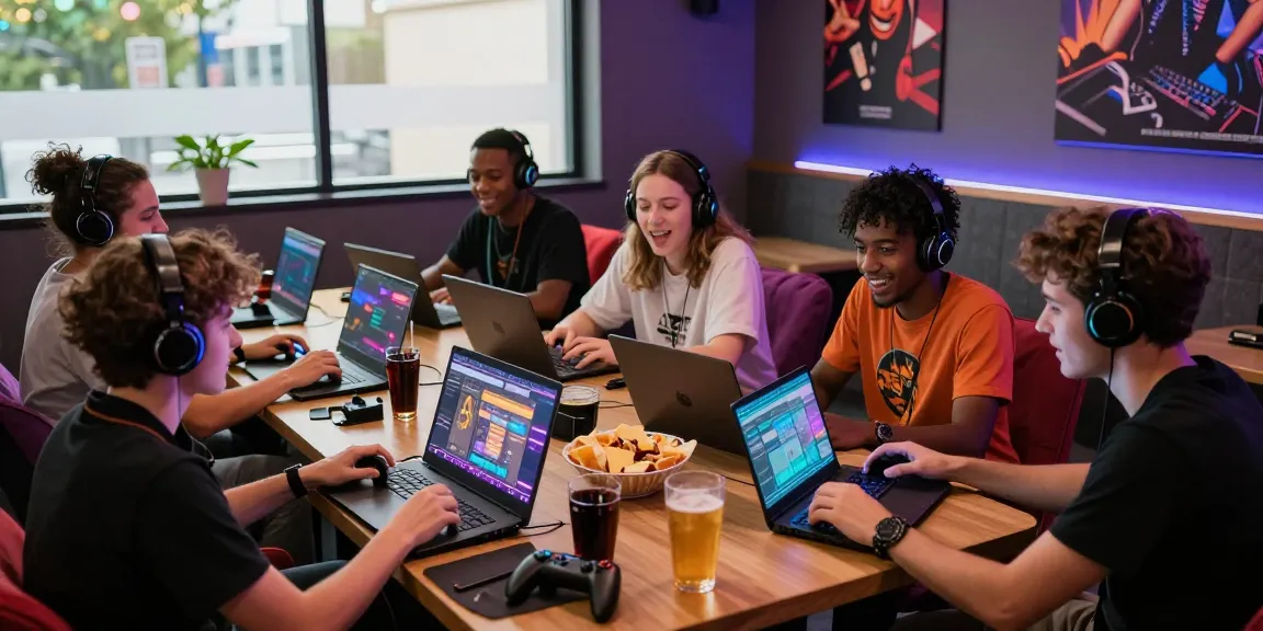 Enjoying hentaigames in a vibrant gaming lounge with friends, showcasing interactive play.