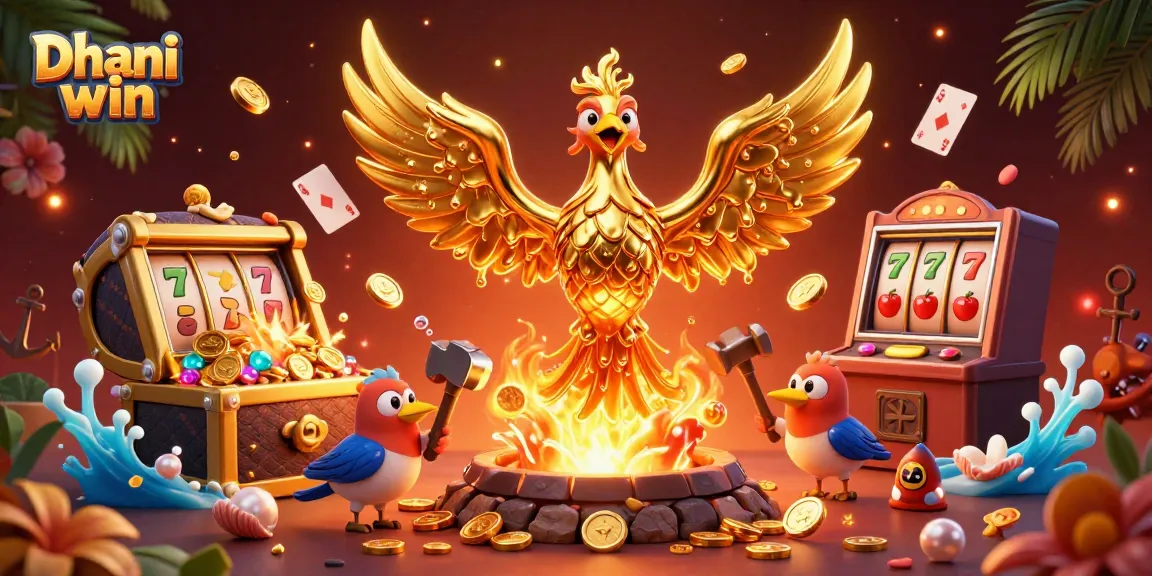 Dhani win delights players with an explosive golden phoenix scene, showcasing vibrant slot machines and treasures.