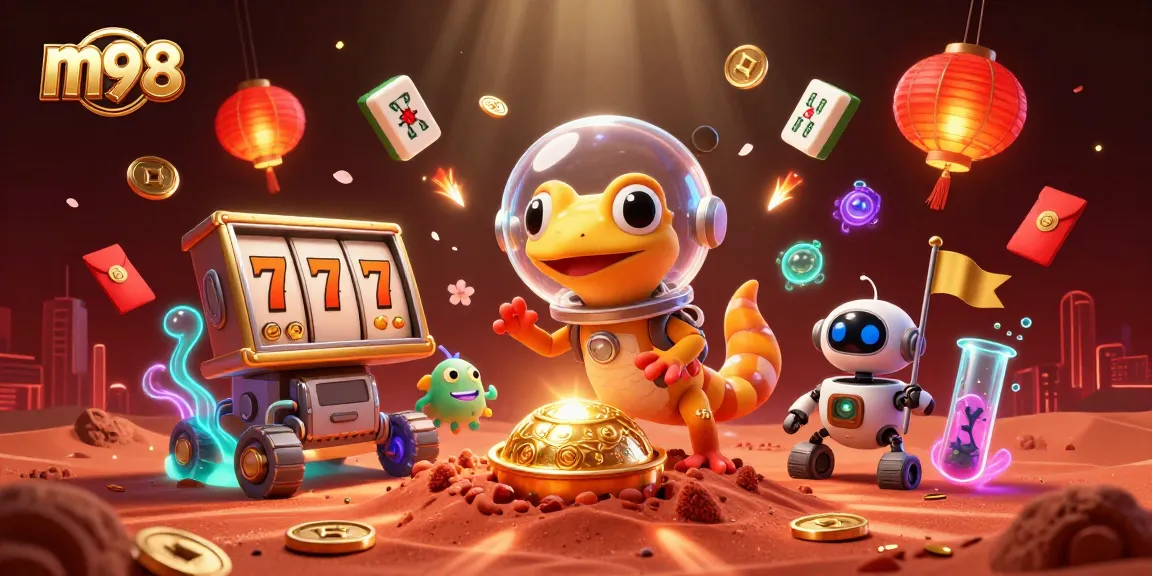 Play slots at m98 with an engaging and vibrant alien theme illustration featuring exciting gaming elements.